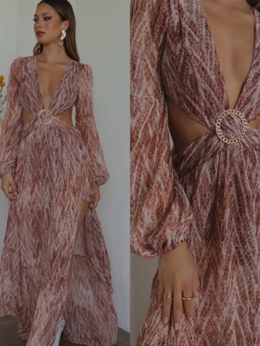 Deep V Cutout Long Sleeve Maxi Dress in Dusty Rose